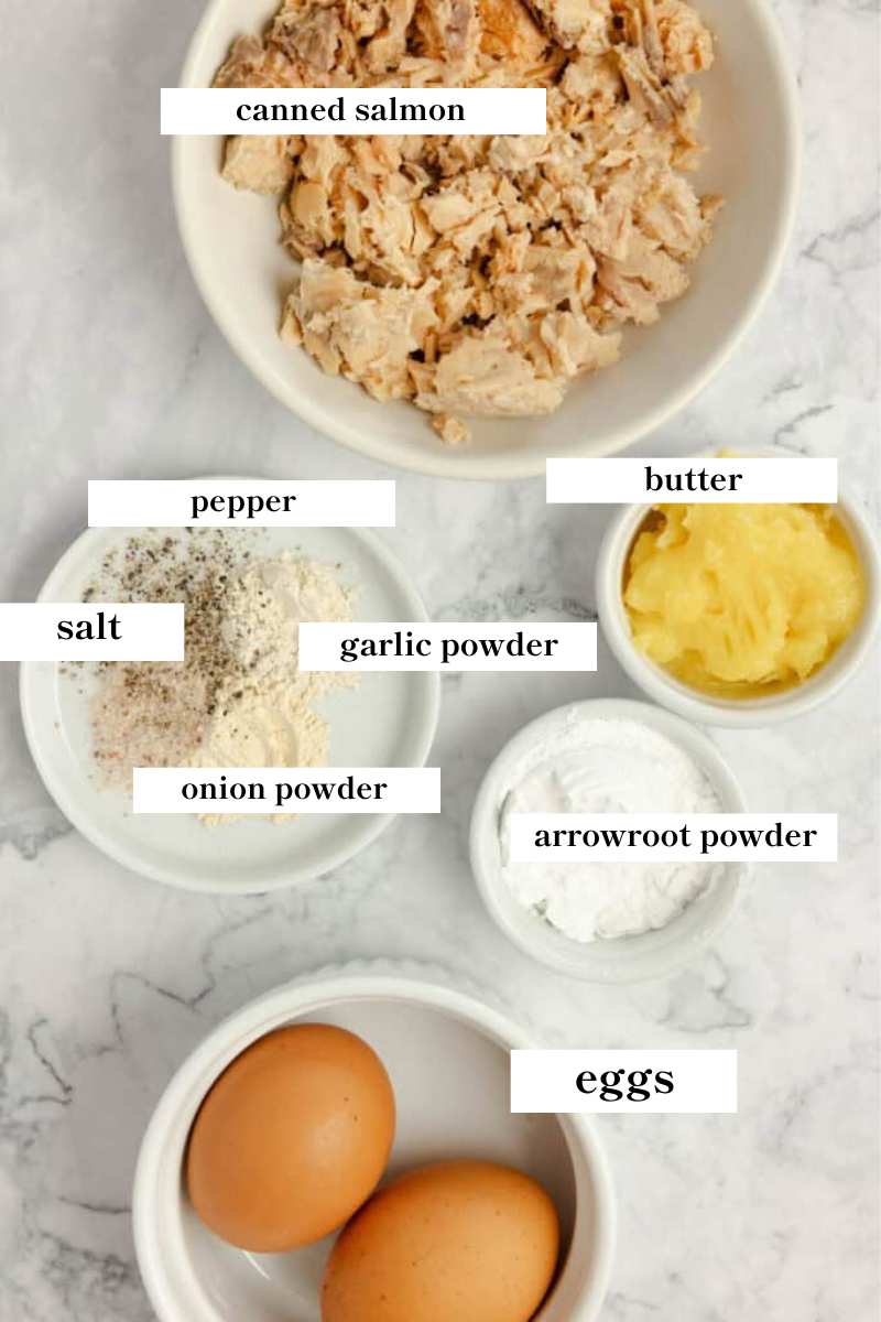 salmon croquettes ingredients spread out on a countertop.