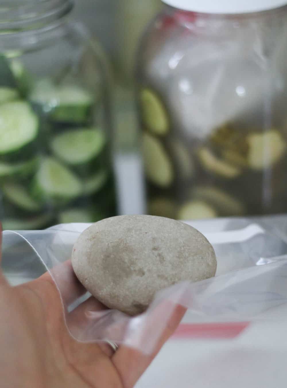 hand holding a rock and plastic bag to make a fermentation weight