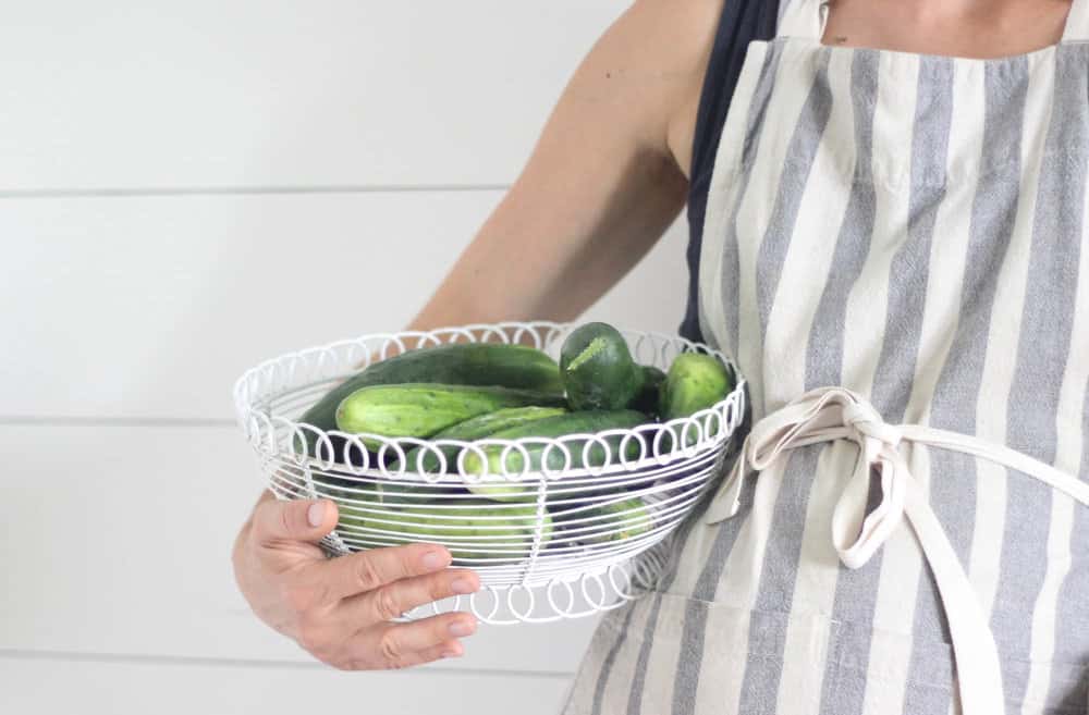 woman wearing a stripped apron holding a white basket full of cucumbers.