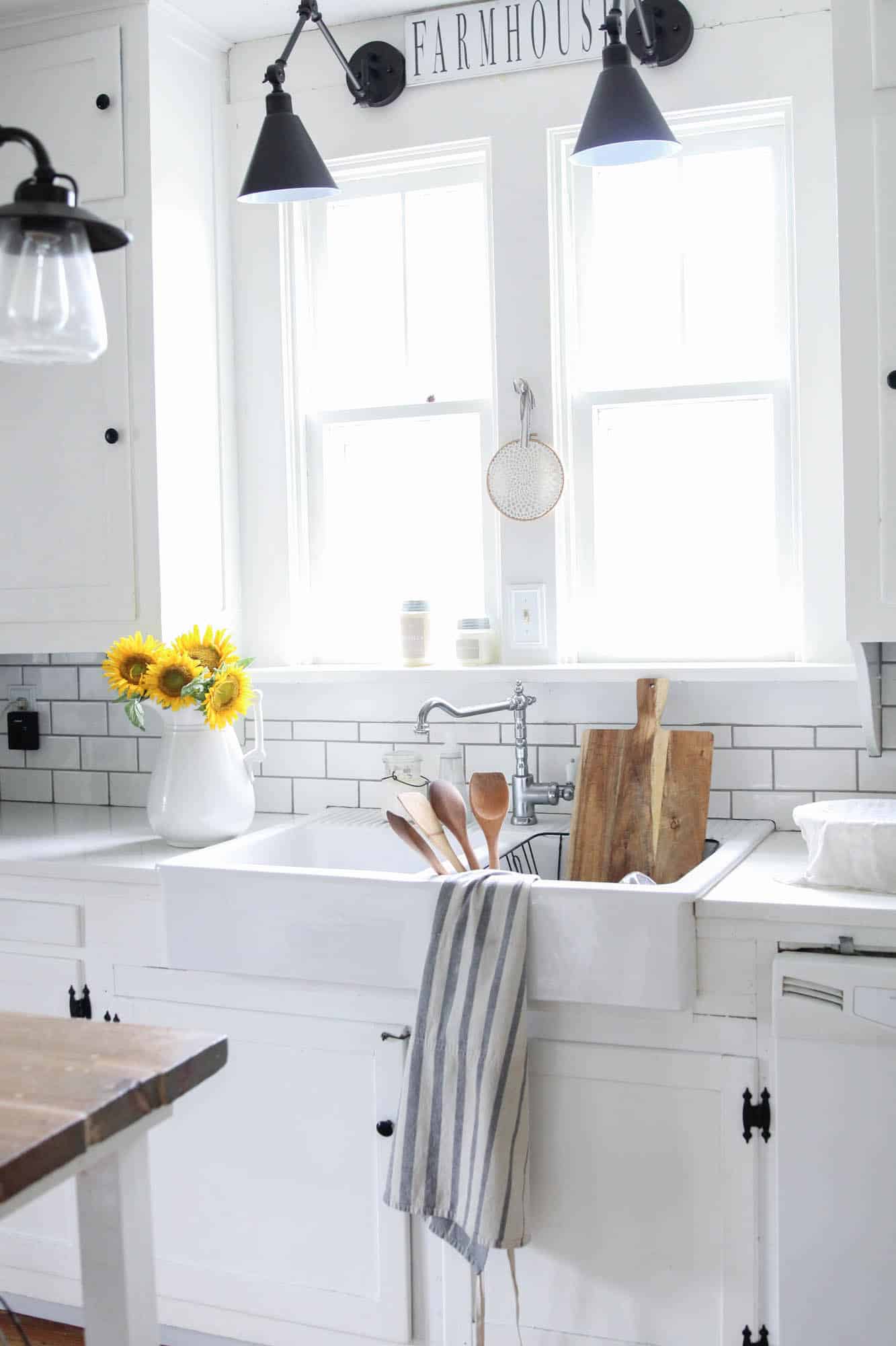 summer farmhouse white kitchen and sunflowers