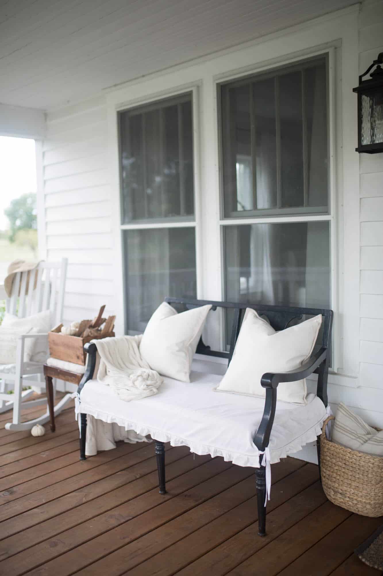 Fall Farmhouse Front Porch Decor with slipcovered bench