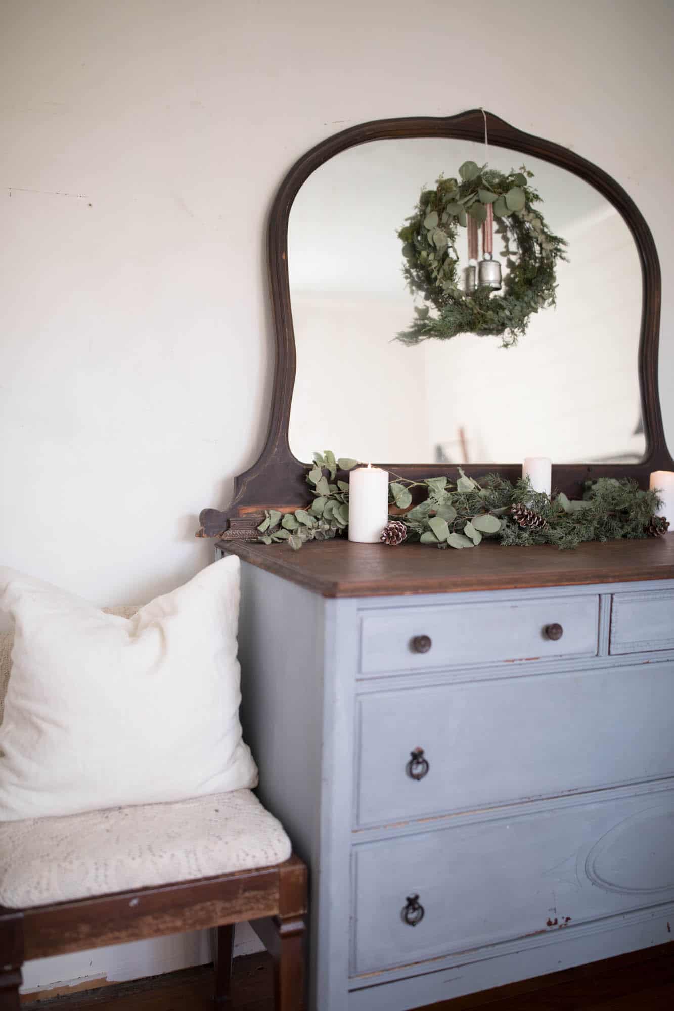 Handmade Greenery Wreath Milk Paint Dresser Neutral Christmas