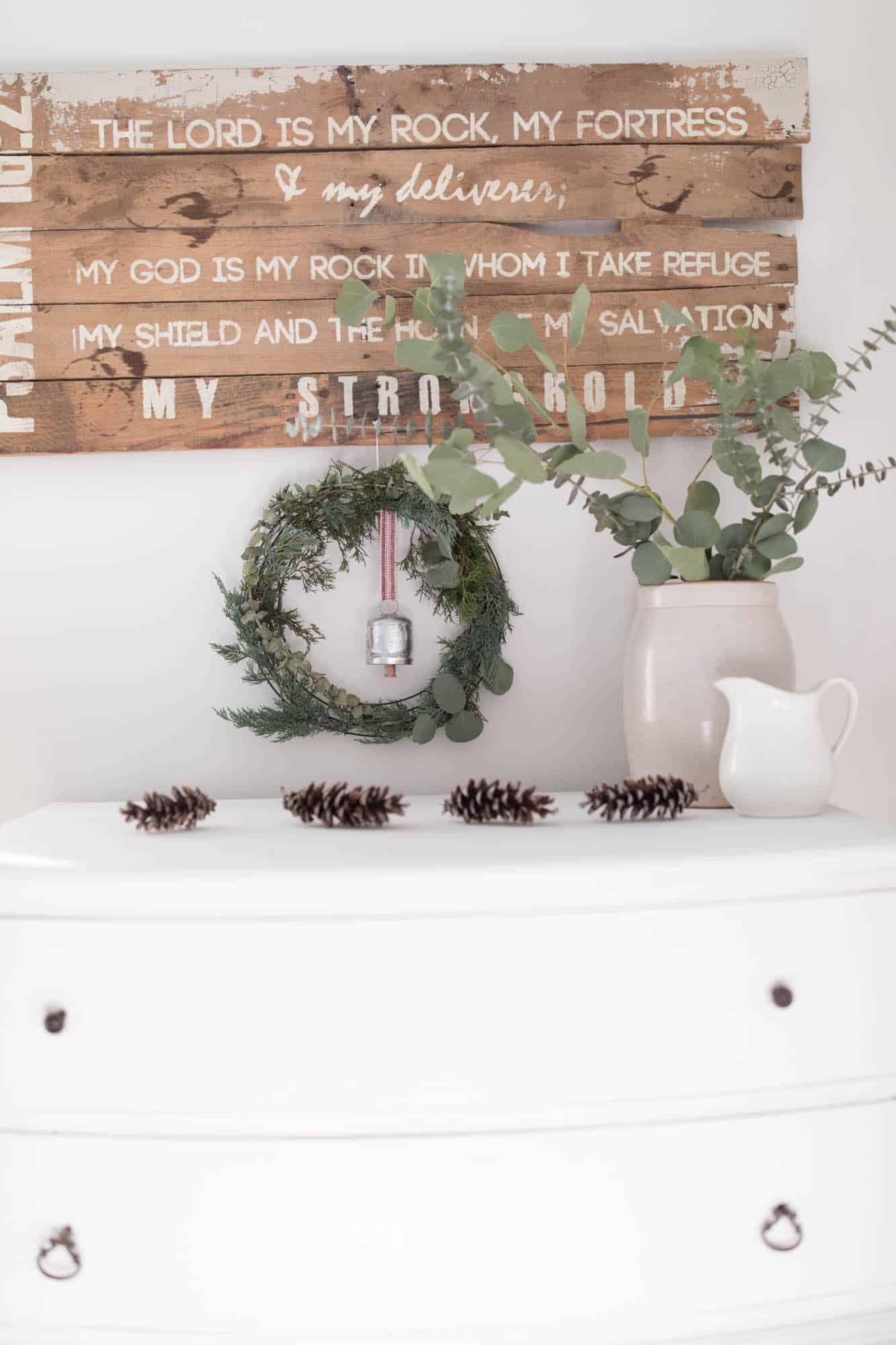 Natural Christmas Decorations Pine Cones and Fresh Greenery Farmhouse Bedroom Chalk Paint Dresser