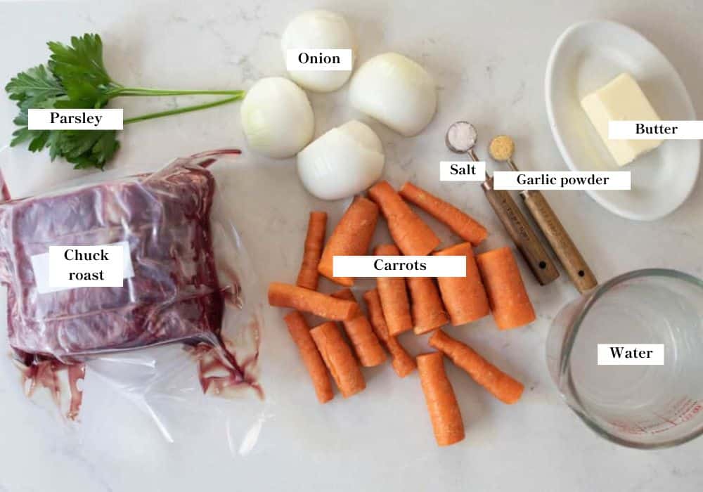 A chuck roast, fresh parsley, onion halves, carrots, salt, garlic powder, butter and water. 