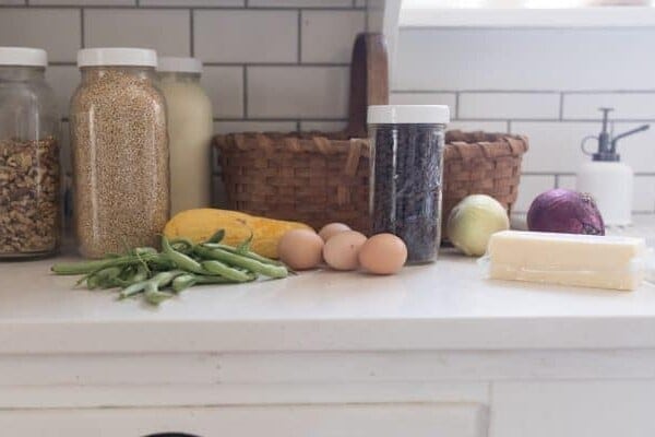 eggs, veggies and grains on quartz countertop