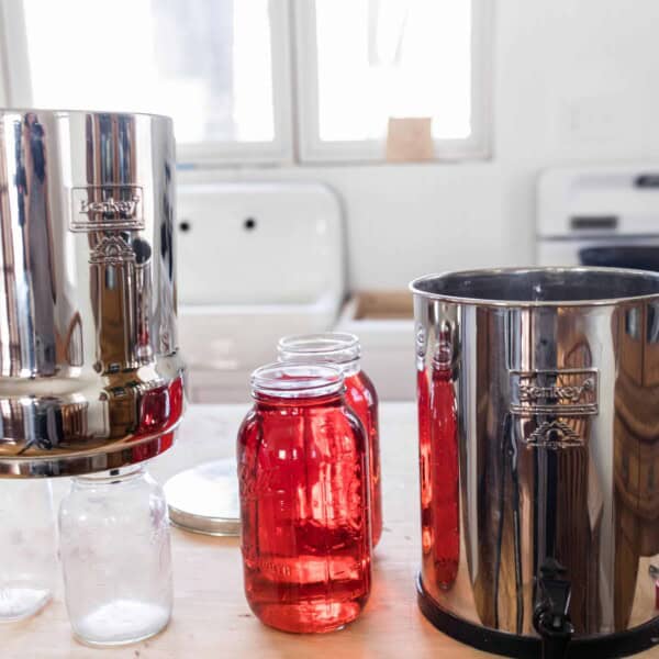 Berkey Water filter over two clean mason jars with two half gallon mason jars to the right with red dye and the bottom canister to the right - Berkey red dye test