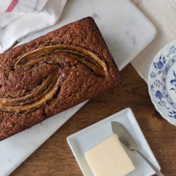 sourdough banana bread on a marble countertop