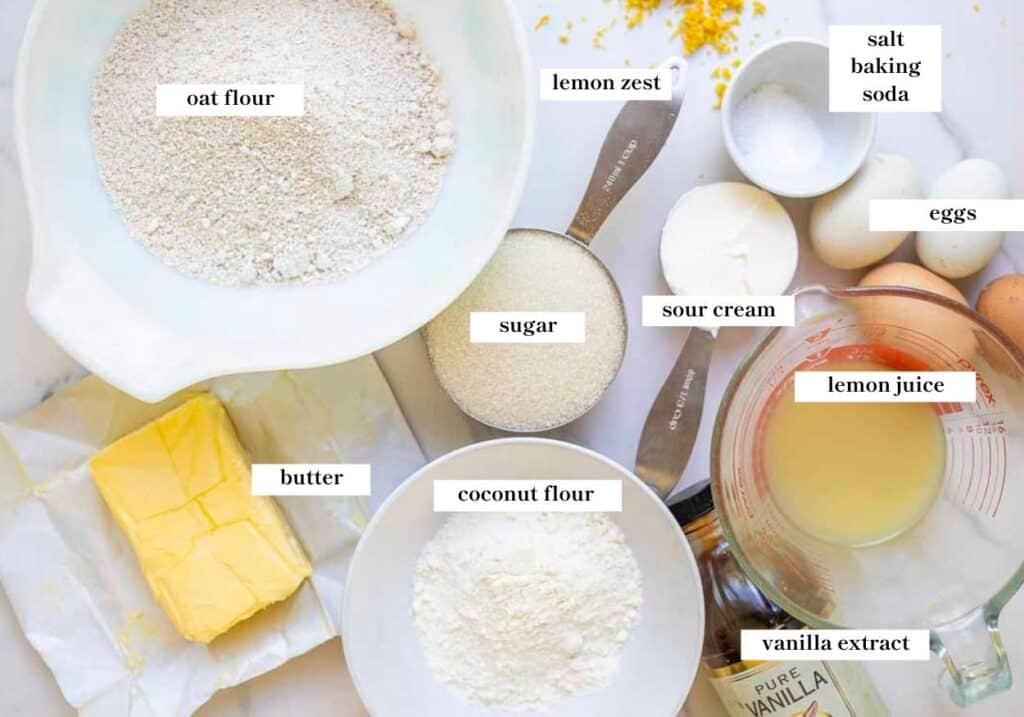 gluten free lemon cake ingredients spread out on a countertop.