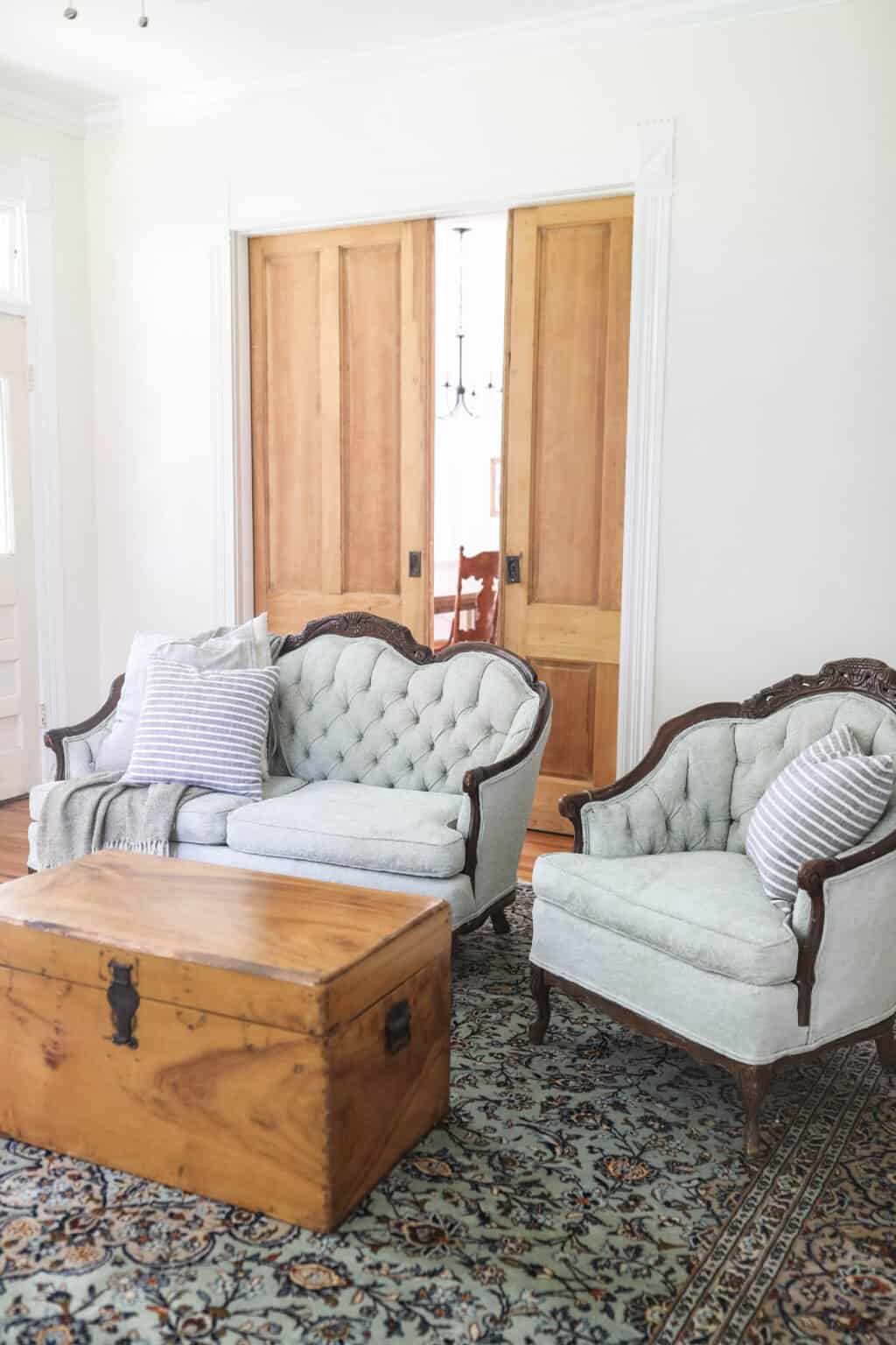 How To Chalk Paint Upholstery Antique Sofa Makeover Farmhouse on Boone