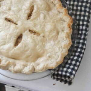 apple pie with a sourdough crust on top of a oven and black and white checked oven pad