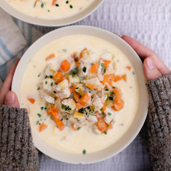 hands holding a bowl of creamy chicken and wild rice soup