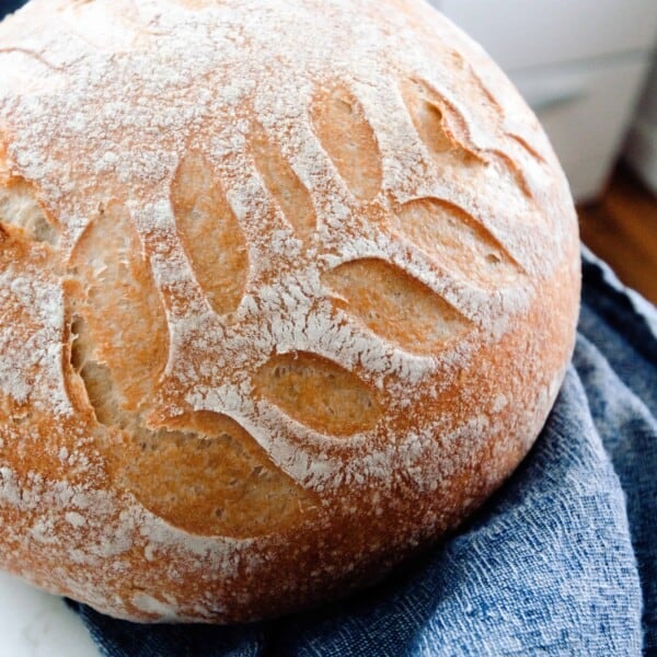 no knead sourdough bread loaf with leaf design on a white countertop with a dark blue towel