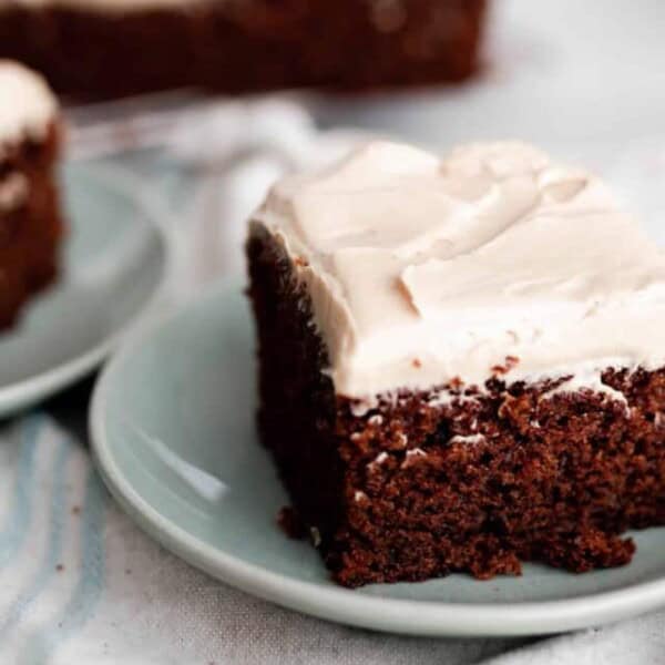 square slices of einkorn gingerbread cake topped with mocha frosting on light teal plates on a white countertop