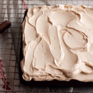 overhead photo of a einkorn gingerbread cake topped with mocha frosting on a wire baking rack on top of a red and white towel