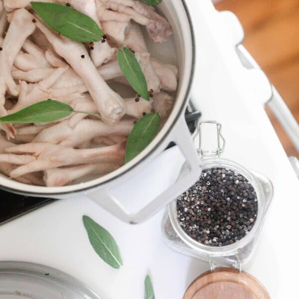 white dutch oven filled with chicken feet, water, and safe leaves with salt and peppercorns in jars to the right