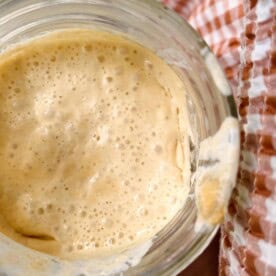 overhead photo of a jar of einkorn sourdough starter next to a red plaid towel