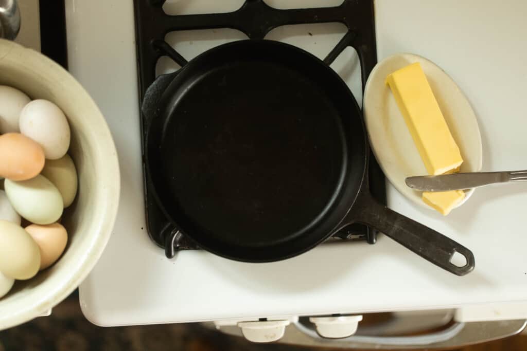 Cast iron skillet on a stove top.