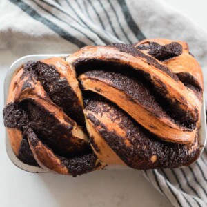 overhead photo of sourdough babka with chocolate filling on a white and black stripped towel