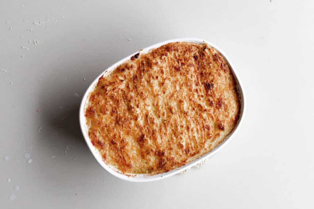 Baked shepherds pie with a nice golden brown top.