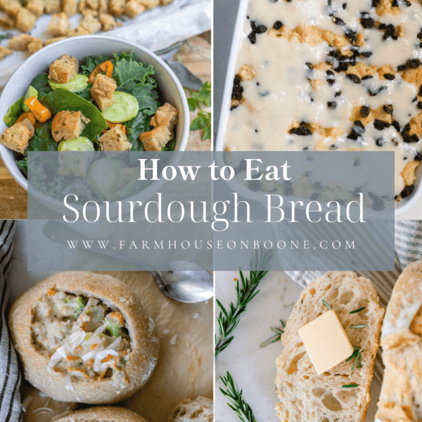 a collage of photos displaying different ways to eat sourdough bread