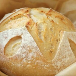 a sourdough boule with a star pattern in a parchment lined dutch oven