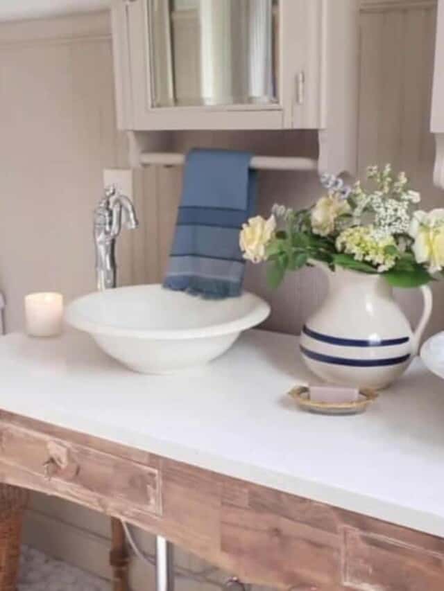 bathroom vanity with two ceramic bowls for sinks