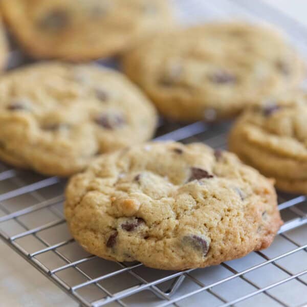 six sourdough chocolate chip cookies on a wire rack