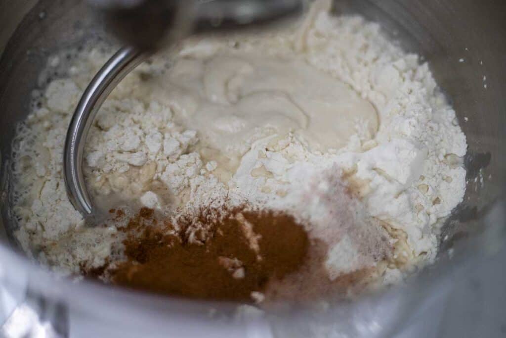 flour, cinnamon, sourdough starter, salt, and water in a stand mixer bowl with a hook attachment.