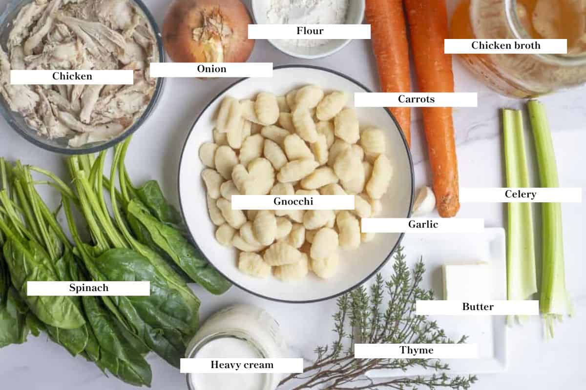 Ingredients for chicken and gnocchi soup laid out on the counter.