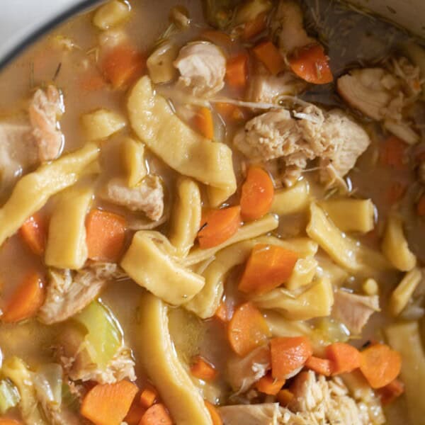 close up photo of a large pot full of chicken noodle soup with carrots, chicken, and homemade noodles