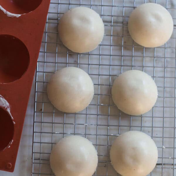 frozen sourdough starter disks on a wire rack with a silicon tray to the left