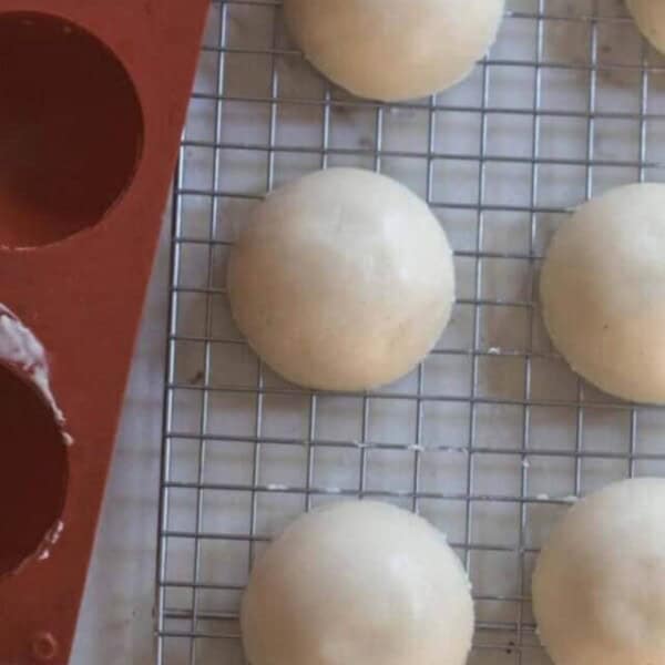 frozen sourdough starter disks on a wire rack with a silicon tray to the left