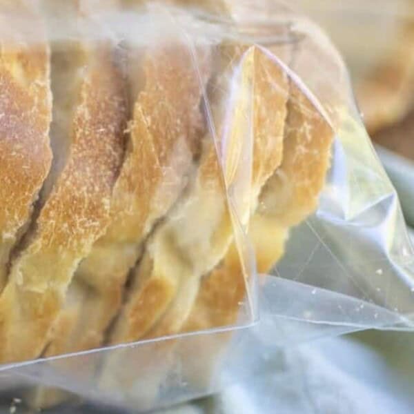 sourdough sandwich bread sliced, frozen, and placed in a ziplock bag