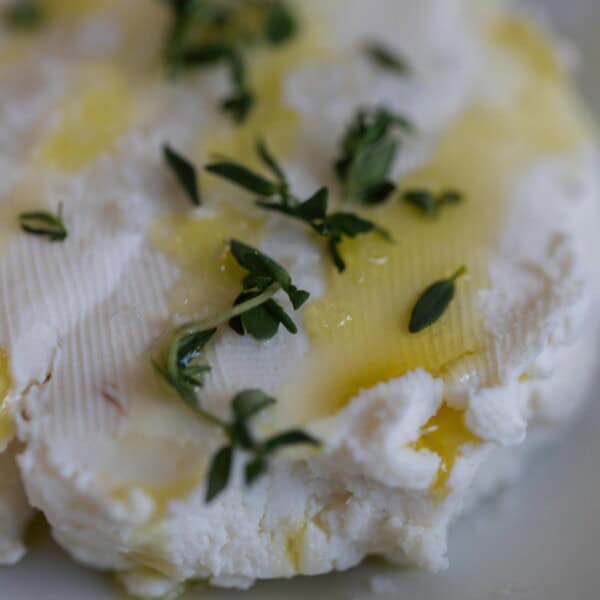 Close up of kefir cheese drizzled with olive oil and sprinkled with fresh herbs