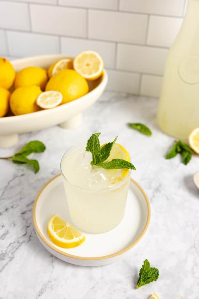 refreshing glass of fermented lemonade with ice, mint, and a slice of lemon on a white plate. Mint and lemons surround the jar