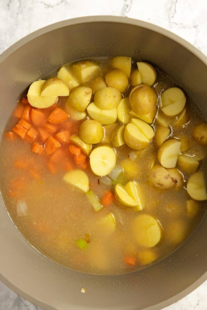 A soup pot with potatoes, carrots, and chicken broth. 
