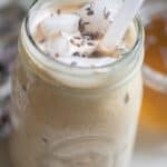 Iced lavender latte in a mason jar.