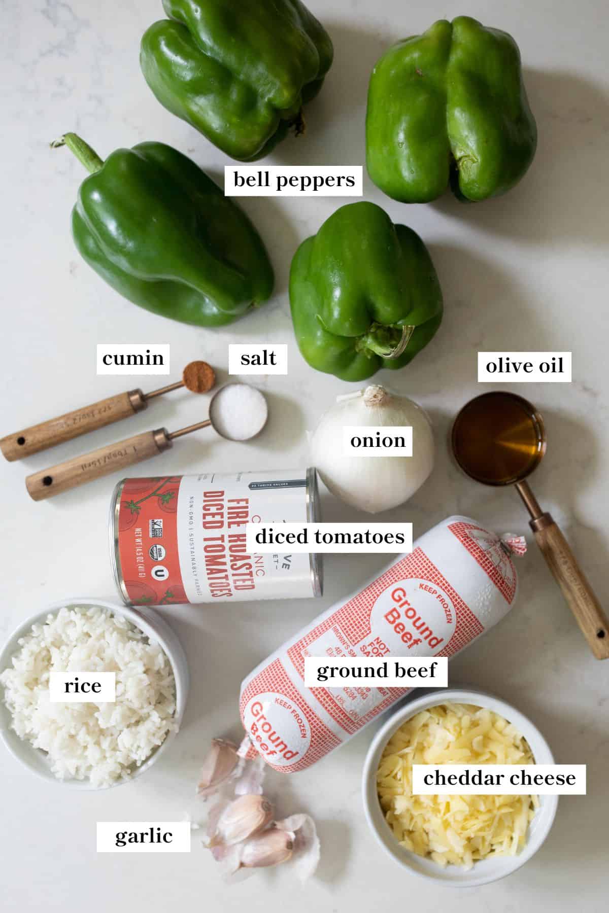 Stuffed pepper recipe ingredients on a countertop.