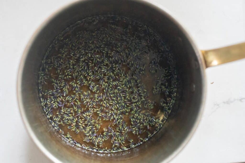 Lavender steeping in a small saucepan.