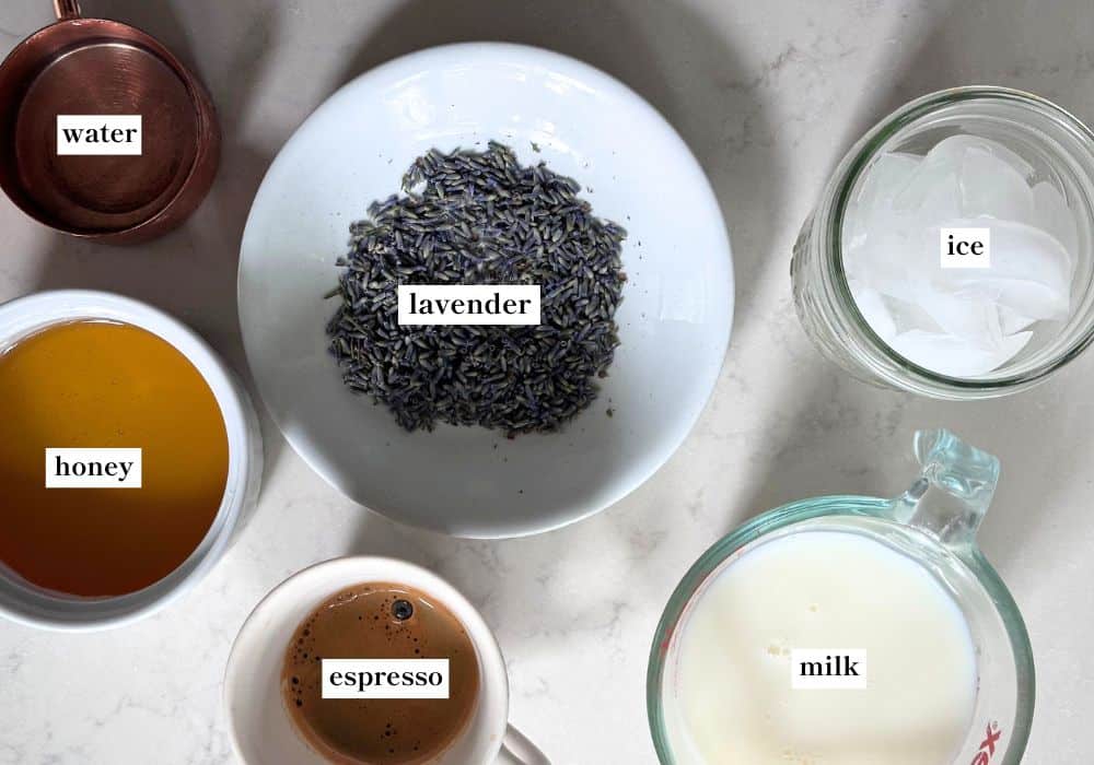 The ingredients to make a lavender latte, including honey, lavender, milk, ice, and coffee.