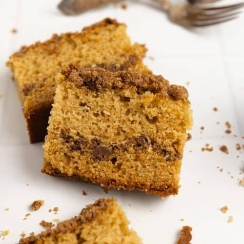 sourdough coffee cake slices on a white countertop.