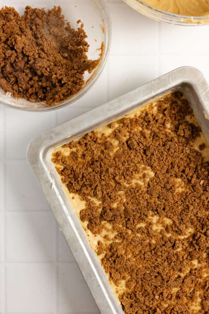 unbaked sourdough coffee cake in a baking pan.