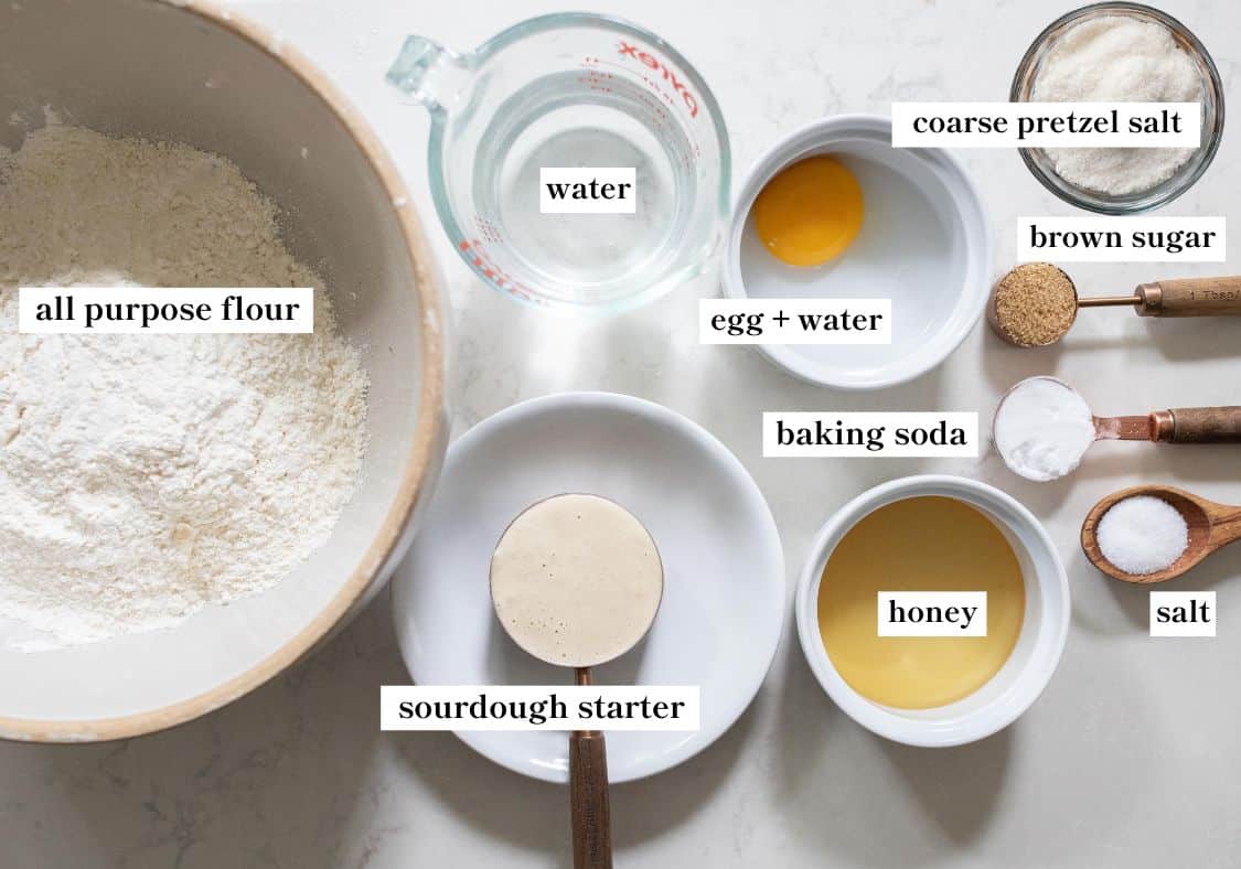 pretzels ingredients on a countertop.