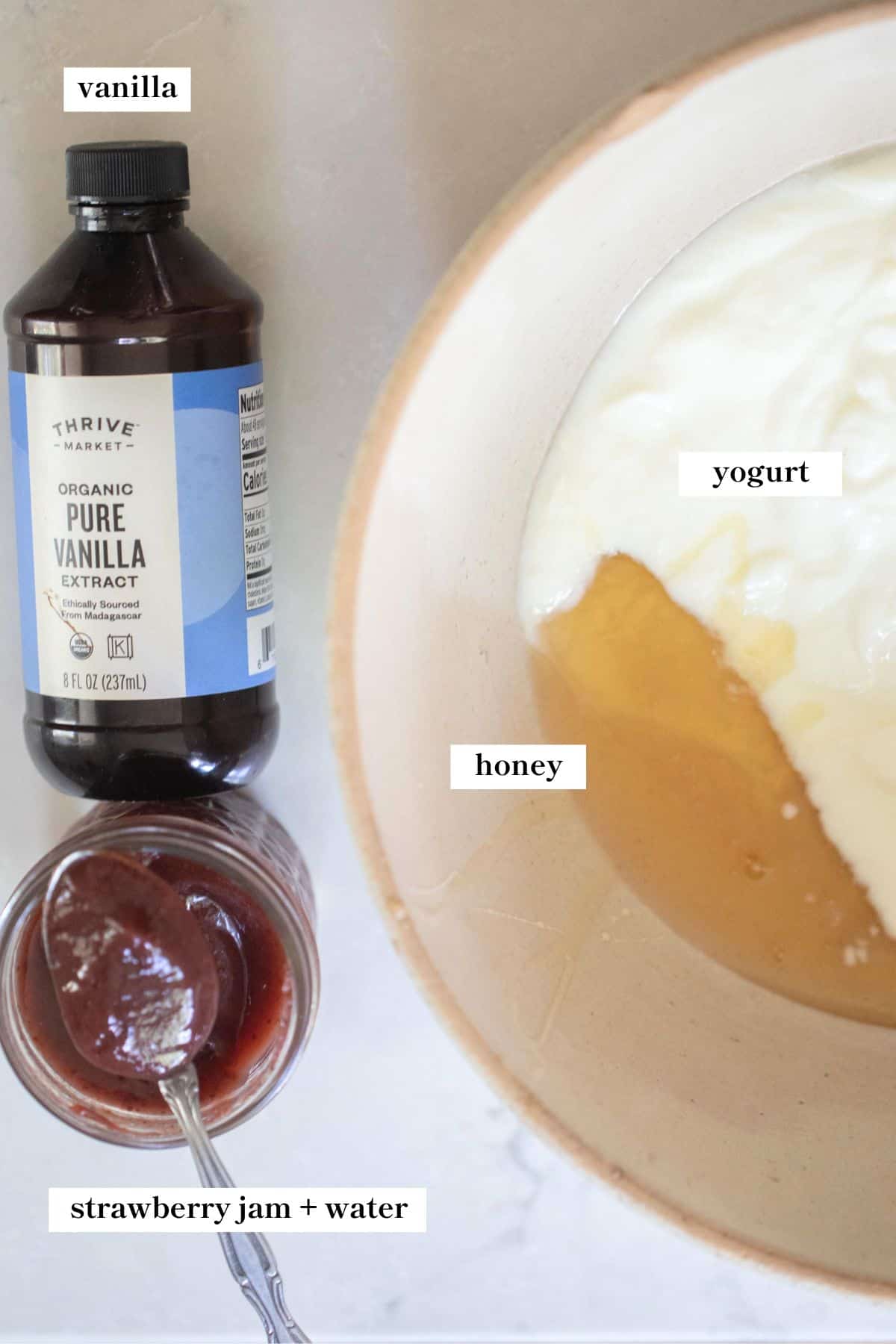 Vanilla extract, strawberry jam, yogurt and honey. 