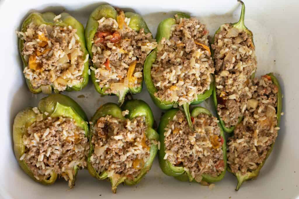 Ground beef mixture in green pepper halves.