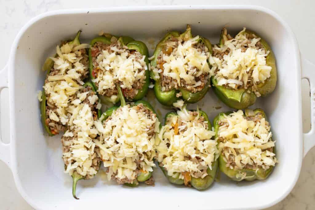 Ground beef stuffed pepper topped with mozzarella cheese.