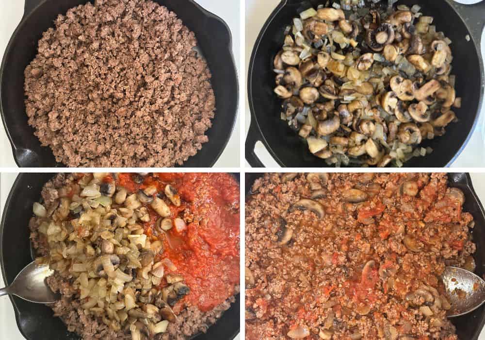 Four photos of making meat sauce for lasagna.