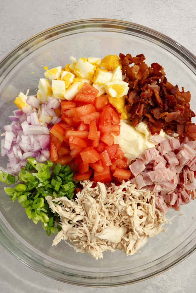 A bowl of shredded chicken, diced tomato, diced hard boiled eggs, bacon, ham, and onion. 