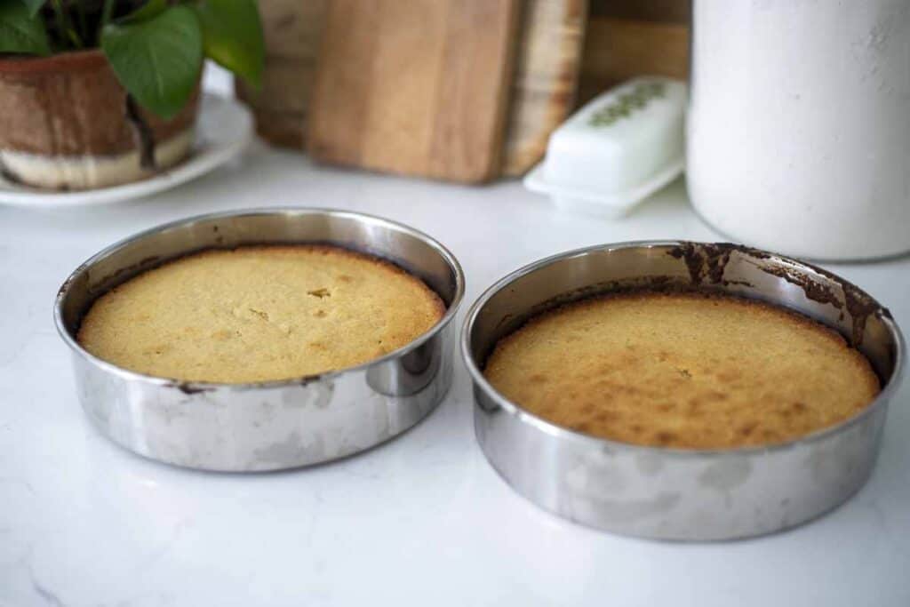 Two baked gluten free lemon cakes in round pans.