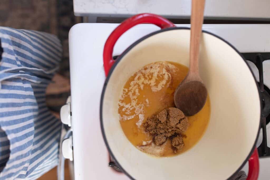 brown sugar, honey, and butter in a large dutch oven.